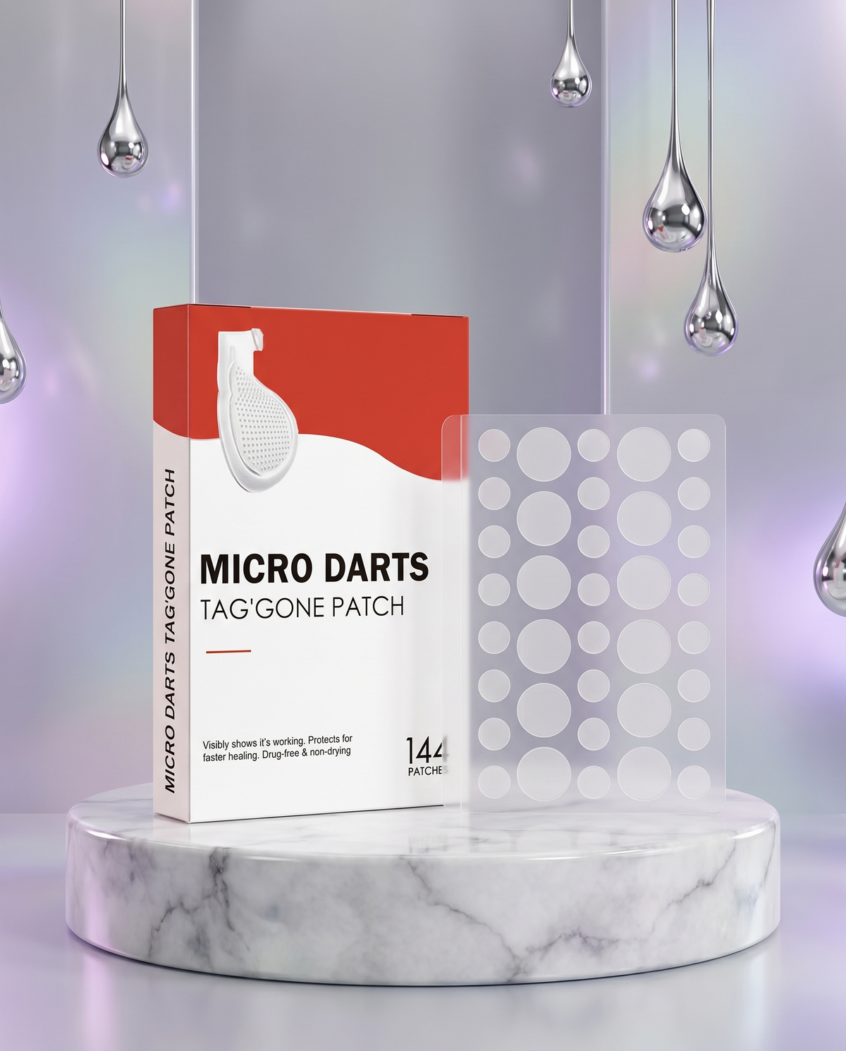Micro Darts Tag'Gone Patches on marble podium