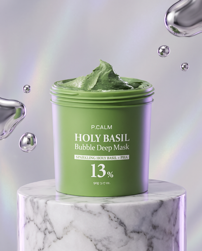 P.CALM Holy Basil Bubble Deep Mask on marble podium