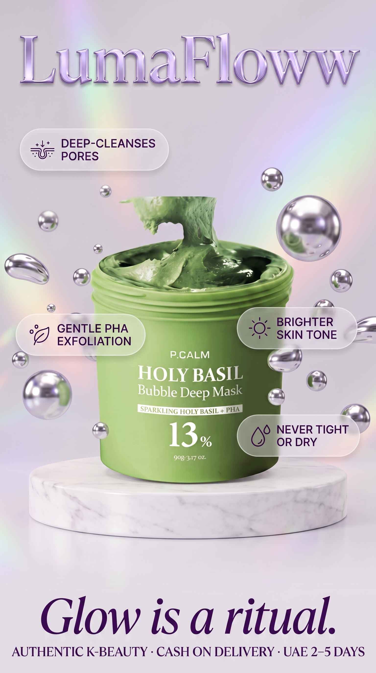 P.CALM Holy Basil Bubble Deep Mask benefits - deep cleanses pores, gentle PHA exfoliation, brighter skin tone, never tight or dry