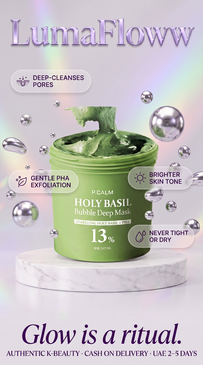 P.CALM Holy Basil Bubble Deep Mask benefits - deep cleanses pores, gentle PHA exfoliation, brighter skin tone, never tight or dry