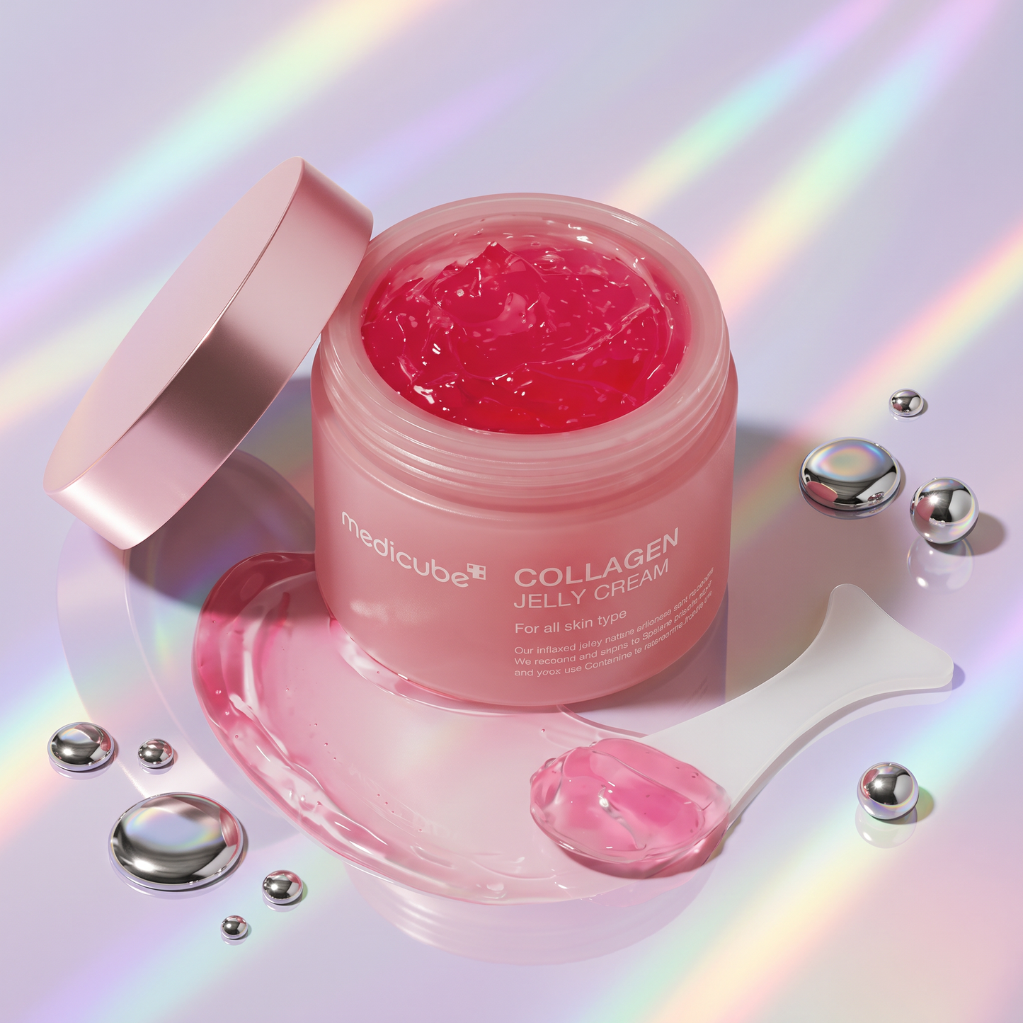 Collagen Jelly Firming Face Cream jar open showing pink jelly texture with spatula