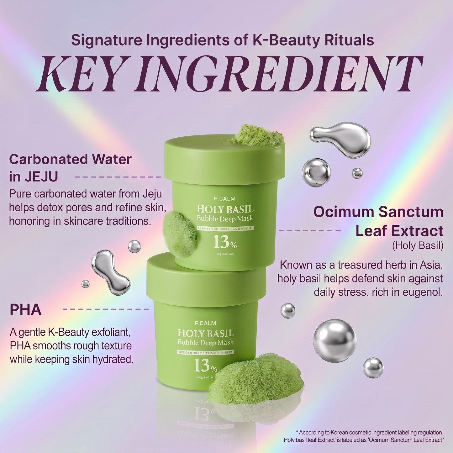 P.CALM Holy Basil key ingredients - Jeju carbonated water, Ocimum Sanctum holy basil leaf extract, PHA